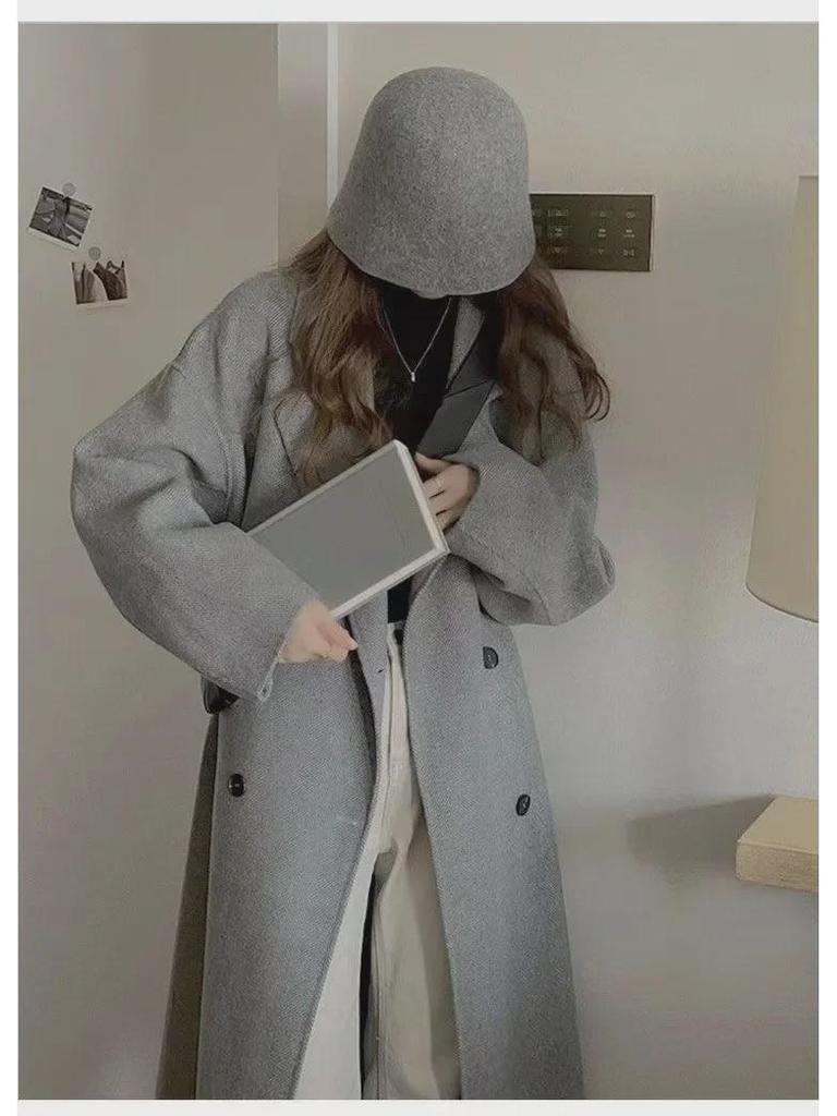 Женское шерстяное пальто средней длины осень/зима 2023 года, стиль Хепберн, свободный крой, корейская мода.
