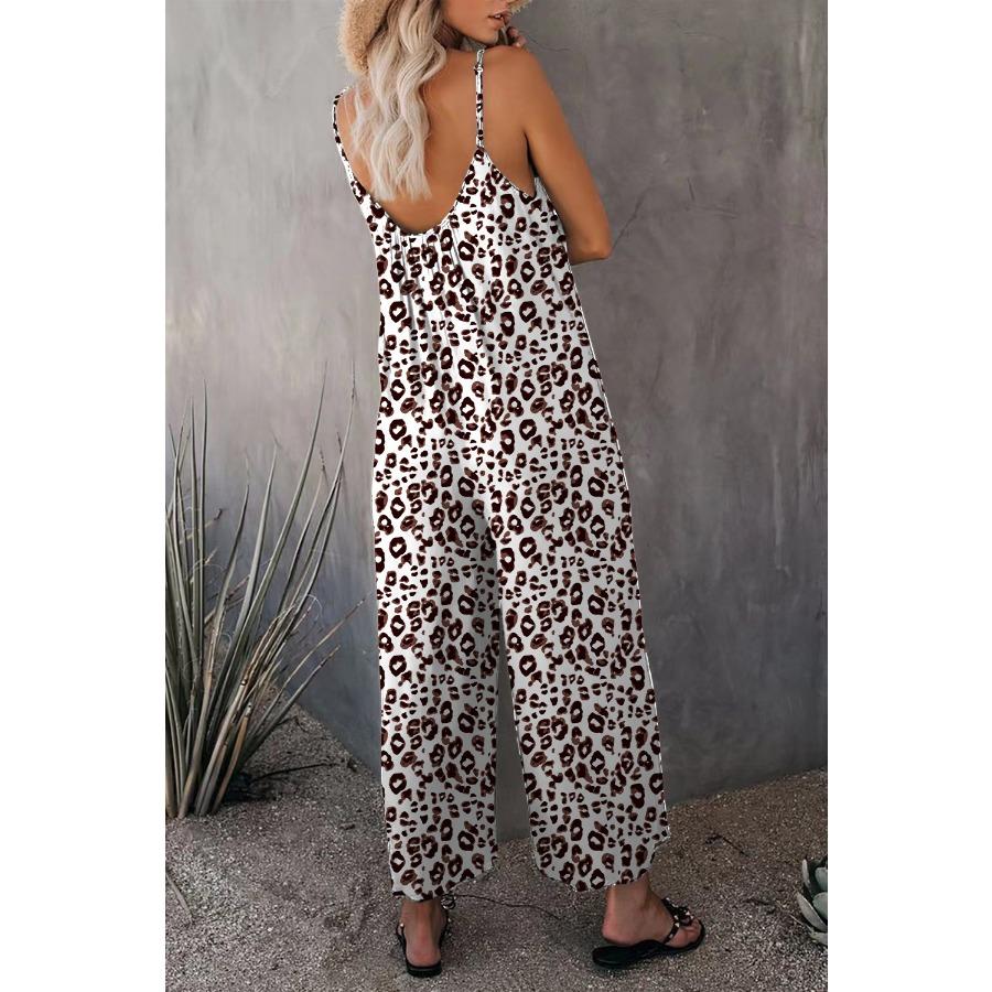 Summer Casual Beach Leopard Jumpsuit Women Spaghetti Strap Print Rompers Loose Pocket Sleeveless Jumpsuits