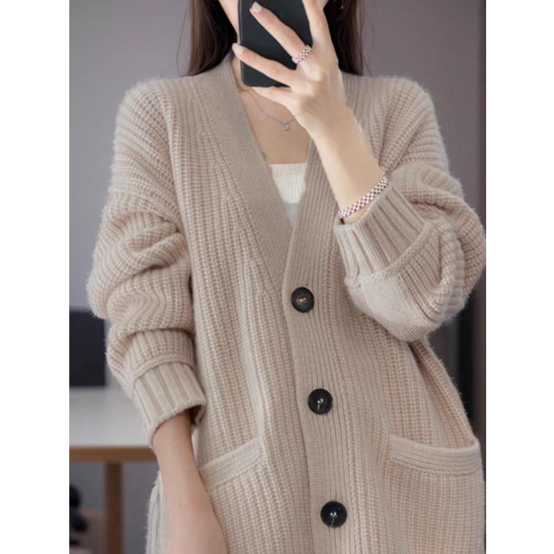 Модный длинный рукав свободный V-образный вырез кардиган свитер женский зимний однобортный повседневный вязаный кардиган пальто женский винтажный трикотаж верхняя одежда 25518