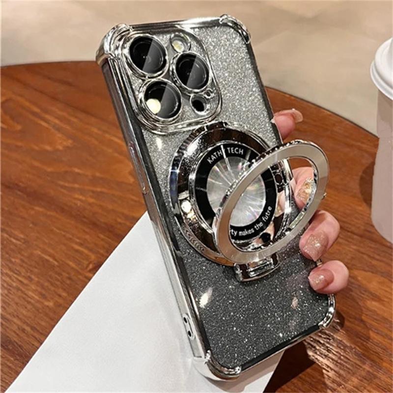 For iPhone 15 Pro Max Luxury Plating Magsafe Magnetic Stand Flash Phone Case For iPhone 11 12 13 14 15 Pro Lens Protective Cover