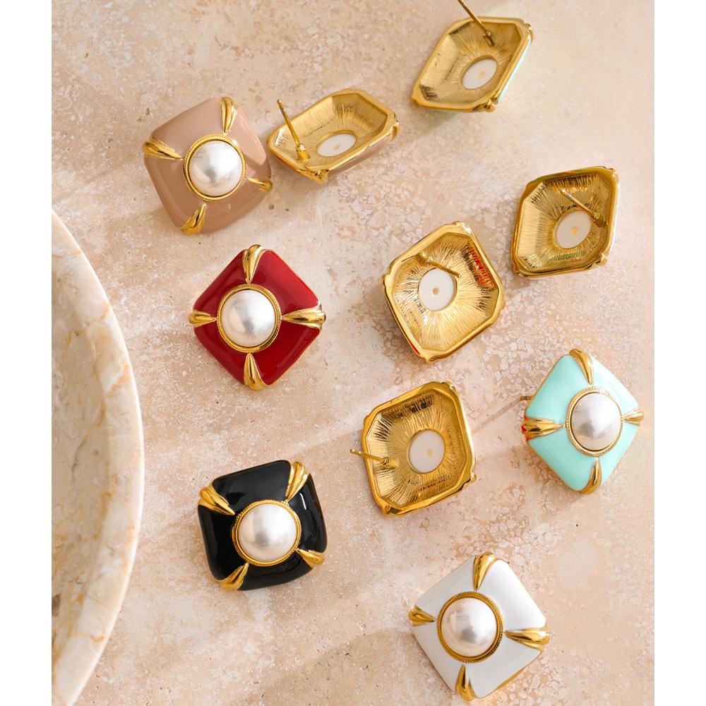 Yhpup Multi-Color Enamel Simulated Pearls Square Stud Earrings Stainless Steel Daily Wear Fashion Spring Jewelry Waterproof Gift