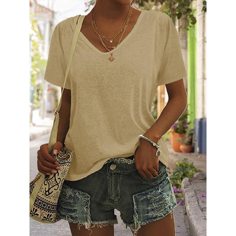 YYFS Женские модные повседневные летние весенние однотонные блузки и рубашки с v-образным вырезом и короткими рукавами с принтом