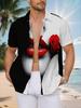 New Men'S Casual Short Sleeve Shirt, Crimson Lips Holding Bright Rose Black And White Separate Shirts Show Cold Alluring Charm, Holiday Party Commute