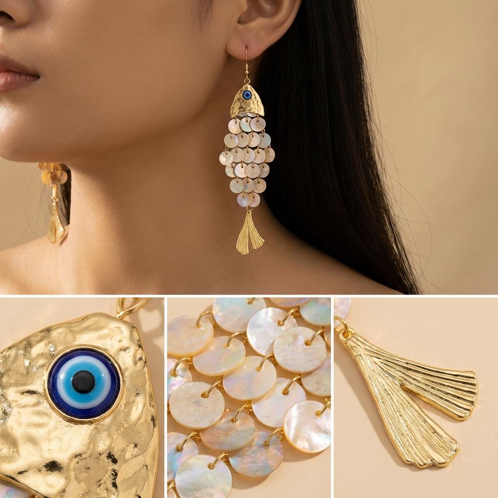 Design Sense Fish-shaped Earrings Creative Multi-layer Shell Scaly Tassel Drop Earrings Niche Summer Beach Vacation Jewelry