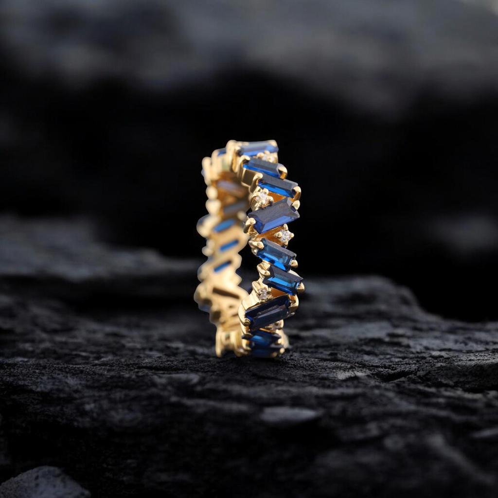 Baguette Cut Sapphire Wedding Band 18k Gold Vintage Delicate Ring Blue Gemstone Band Eternity Matching Band Birthstone Jewelry Gift For Mom