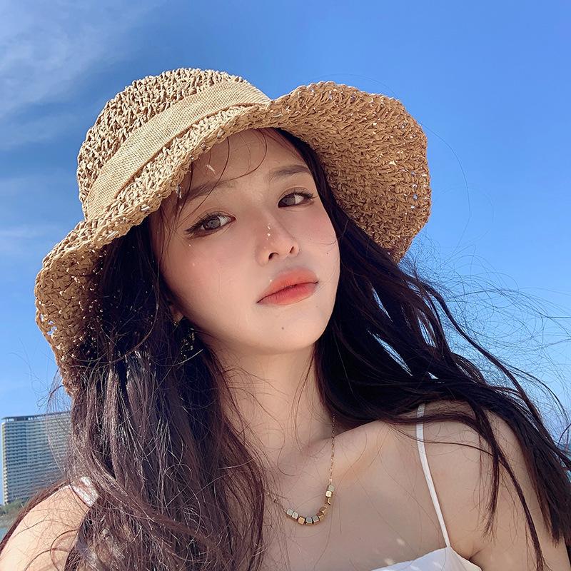 Соломенная шляпа женская летняя пляжная солнцезащитная шляпа-ведро ультрафиолетовая шляпа от солнца шляпа от солнца 2024 Интернет знаменитость лето