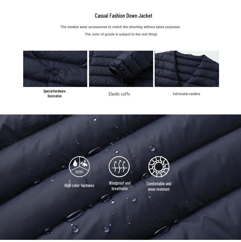 Мужская легкая пуховая куртка с воротником-стойкой и двумя молниями - Теплый белый утиный пух для осени/зимы