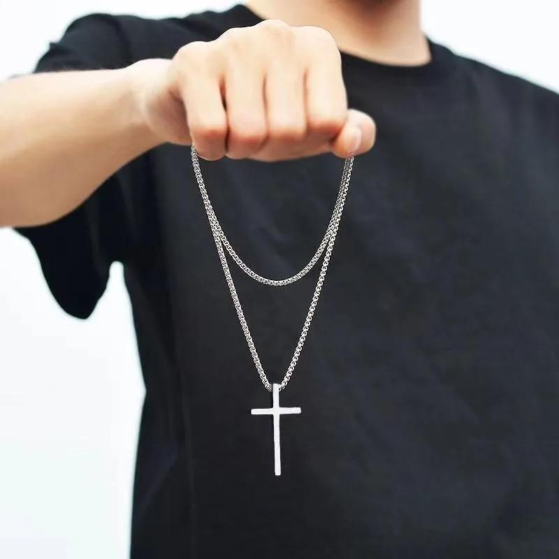 Stainless Steel Cross Pendant Necklace for Men Women Minimalist Jewelry Male Female Necklaces Silver Sweater Chain