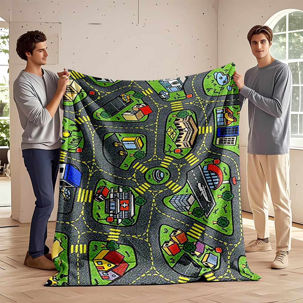 City Map Cartoon Pattern Blanket for Kids, Flannel blanket for bedroom, living room, sofa, and nap sofas.