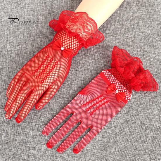 1 пара женских выпускных перчаток, прозрачные кружевные банты, стразы, декор, ажурная сетка, оборки, тонкие, с полным пальцем, для выступлений, невесты, свадебные перчатки