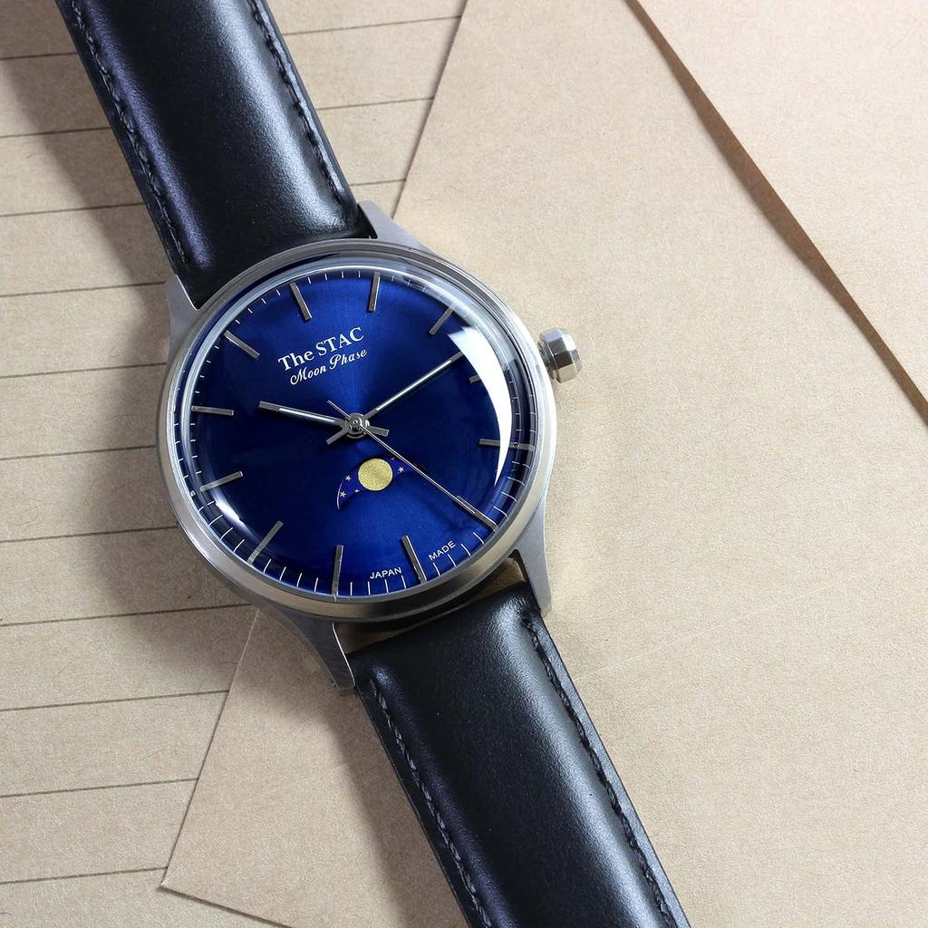 Часы STAC Made in Japan Domestic Watch 36 мм, старинные, ретро, унисекс, с полосой фаз Луны, сине-коричневые, из крокодиловой кожи [The Stack] мужские, женские, ST-MF001