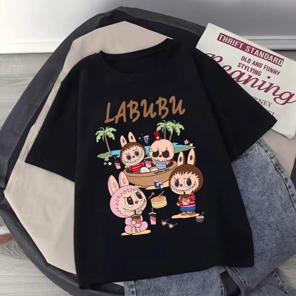 Мультяшная детская футболка с коротким рукавом Labubu, повседневный топ, унисекс, летний, с круглым вырезом, с принтом, одежда для девочек