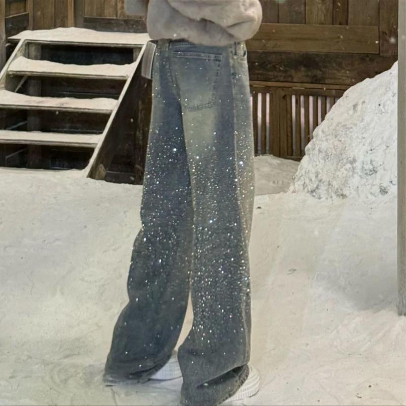 Женские джинсы с широкими штанинами, высокая талия, украшенные пайетками, градиентная стирка, джинсовые брюки, повседневные модные брюки