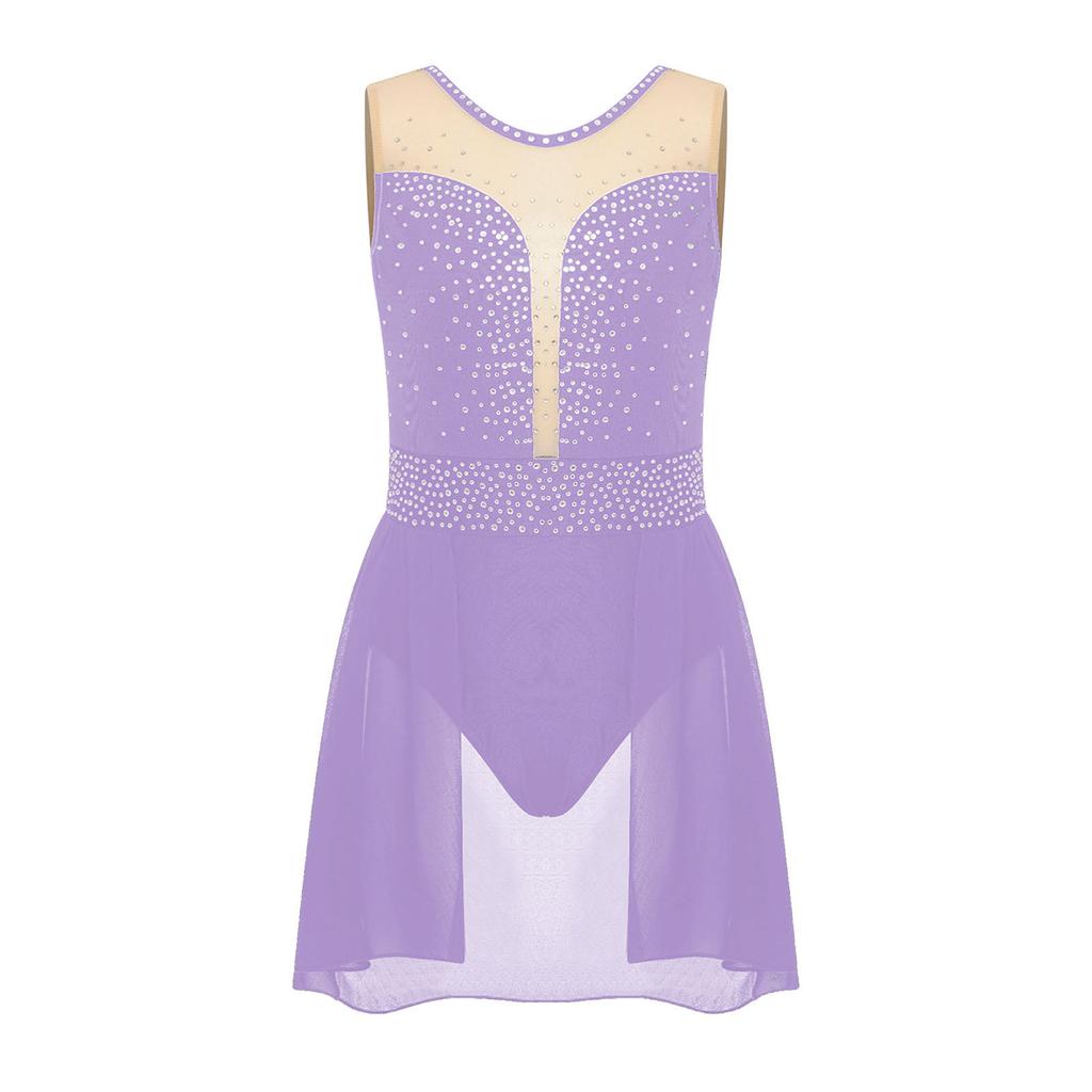 Лирический танцевальный купальник для девочек, блестящие стразы, перекрещивающиеся сзади, U-образный вырез, юбка