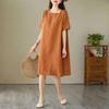 Cotton Linen Dress Women Summer Casual Loose Mid Length Round Neck Base Skirt