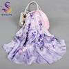 [BYSIFA] Blue 100% Silk Scarf Shawl New Floral Design Long Scarves Women Summer Utralong Beach Shawl Winter Scarves 180*110cm