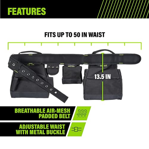 AWP Carpenter Tool Rig Premium Tool Belt with Carry Handle, Air Mesh Padded Belt, Fits Waist Up To 50 Inches, Black