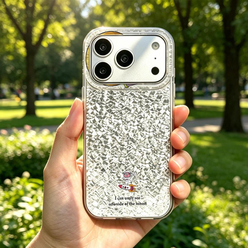 Розовый персонаж в космическом чехле для iphone 14 13 XS Max 12 XR 16 Plus 11 17 Pro 15 Air 18 Pro Max Серебристый фон с трещинами и блестками
