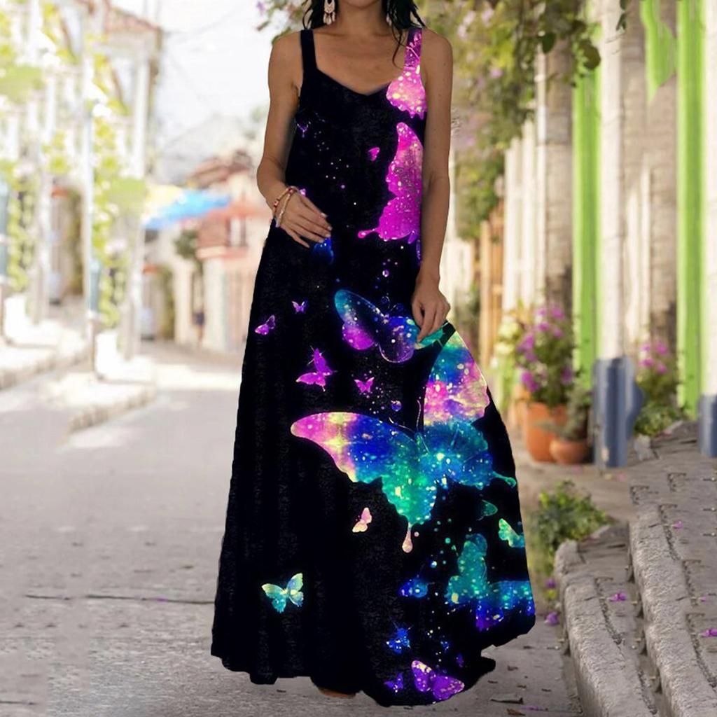 Женское повседневное платье макси с принтом, V-образным вырезом, без рукавов, платье-комбинация с карманами