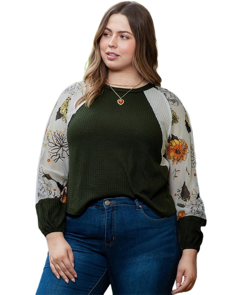 Azura Exchange Green Plus Size Floral Raglan Colorblock Patchwork Knit Blouse