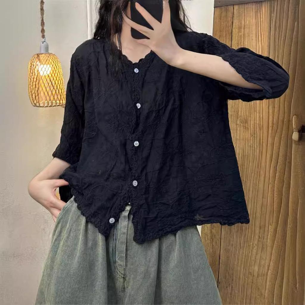Summer Women Cotton Shirts Embroidery Loose V-Neck Collae Single-Breasted Female Tops