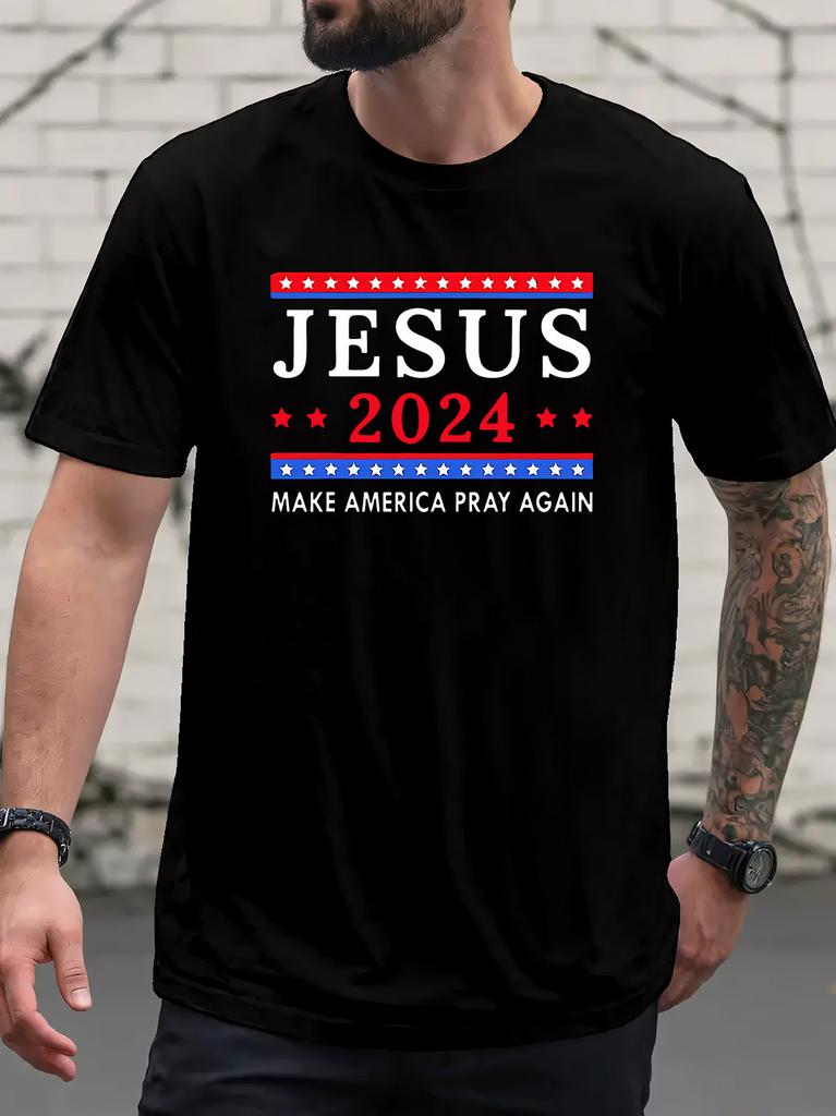 Jesus 2024 Campaign Patriotic Stars & Stripes Graphic Short Sleeve T-shirt - "Make America Pray Again" Slogan