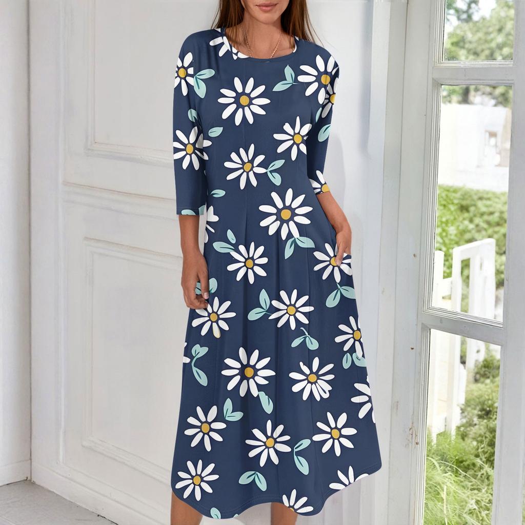 Женское модное повседневное миди-платье с круглым вырезом и рукавами три четверти