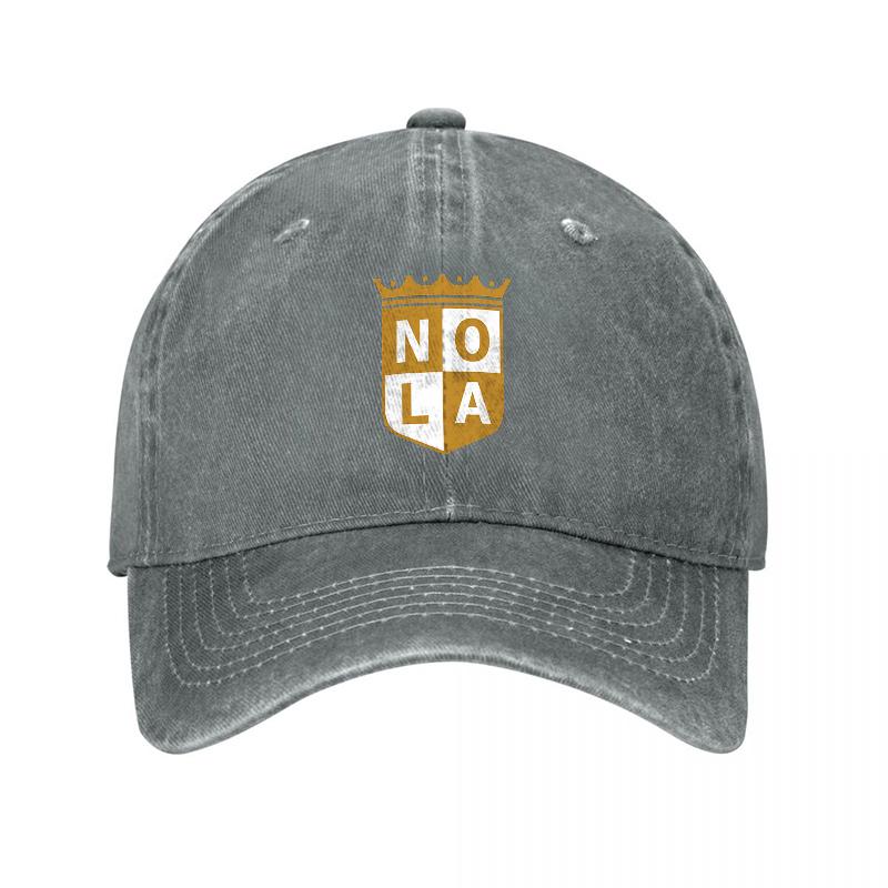NOLA Shield Washed Canvas Baseball Cap Dark Gray Vintage Adjustable Hat Embroidered Crest Urban Fashion