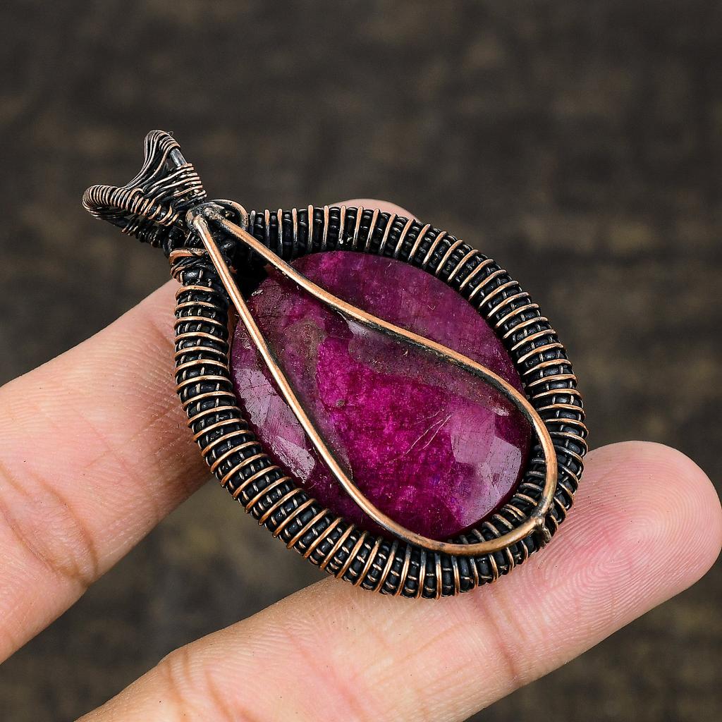 Рубин Натуральный Драгоценный Камень Ручная Работа Медная Проволока Оплетка Ювелирный Подвеска 2.28" u8C49