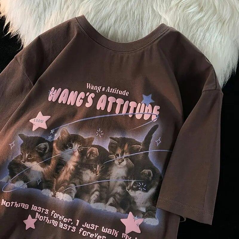 Хлопковая летняя футболка с короткими рукавами и милым котом, женский милый студенческий топ с половиной рукавов в японском стиле ретро, ​​топ Ins Y2k, футболка