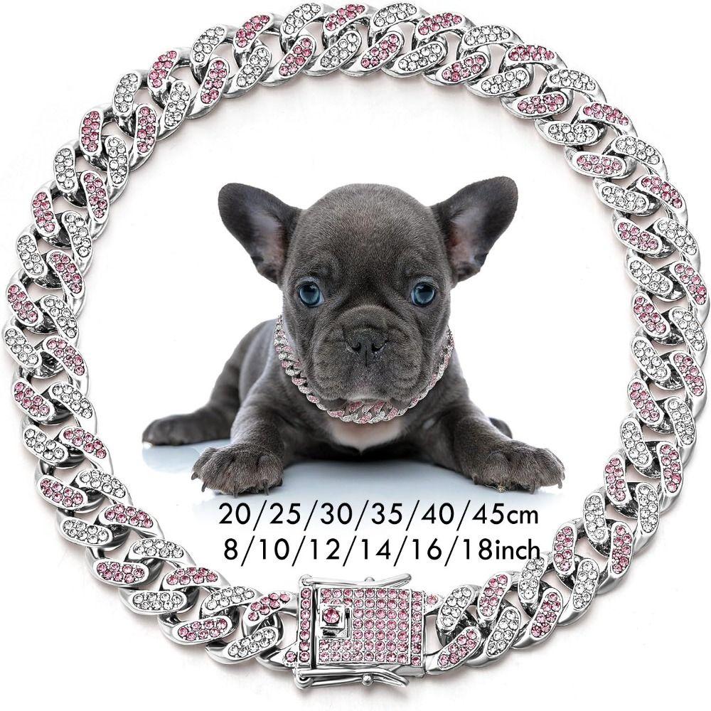 New Link Chain Dog Diamond Chain Collar Inlaid Rhinestone Diamond Link Chain Hip Hop 12mm Pet Crystal
