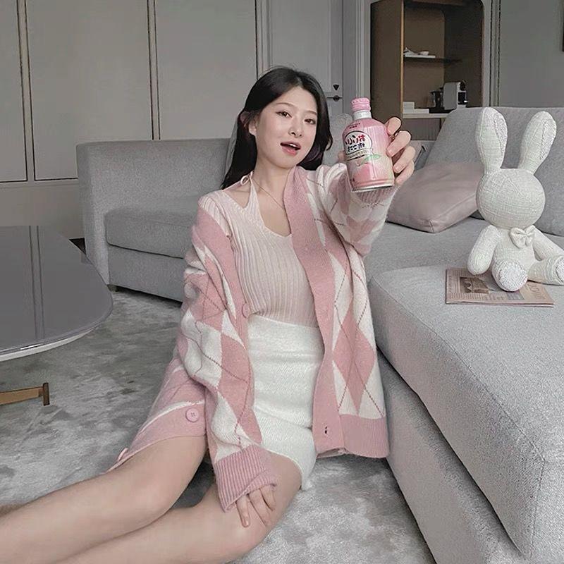 Danmo Модный клетчатый вязаный кардиган для женщин с длинным рукавом Повседневные свободные свитера Винтажное японское пальто большого размера