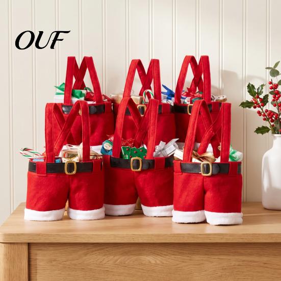 Santa Pants Treat Containers Christmas Gift Bag, Red Plush Candy Tote with Handles Novelty Present Wraps for Wine Bottle, Holiday Party Favor