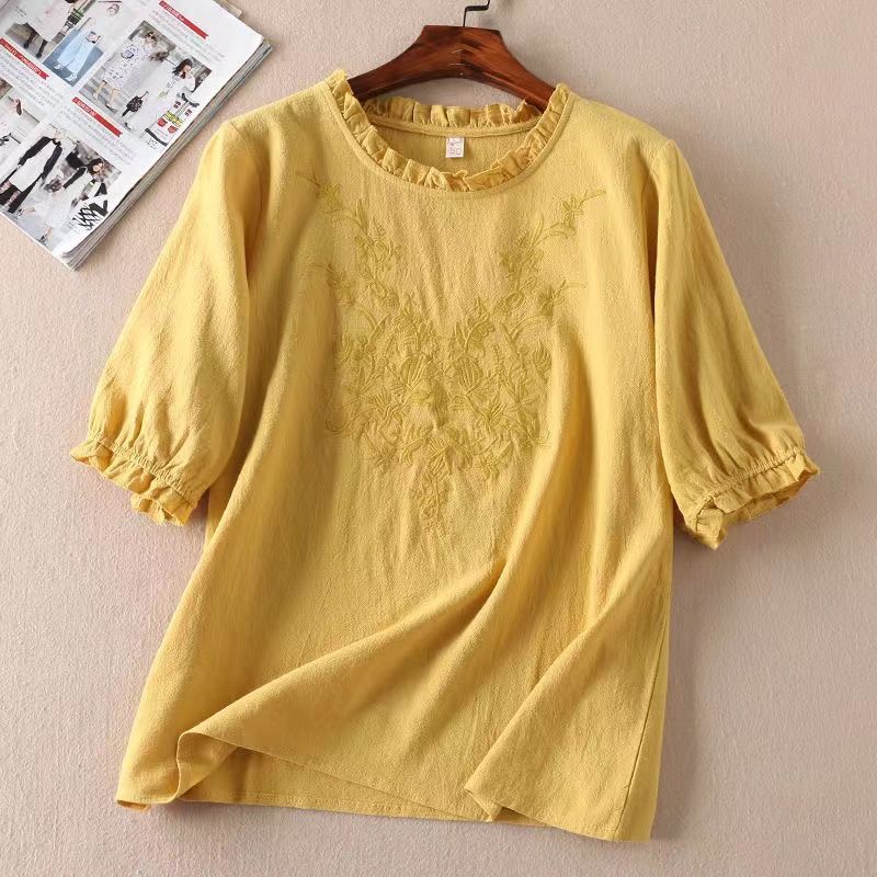 Spring Summer Women's Literary Embroidery Ruffled Lantern Sleeve T-shirt Loose Thin Section Seven-minute Sleeve Round Neck