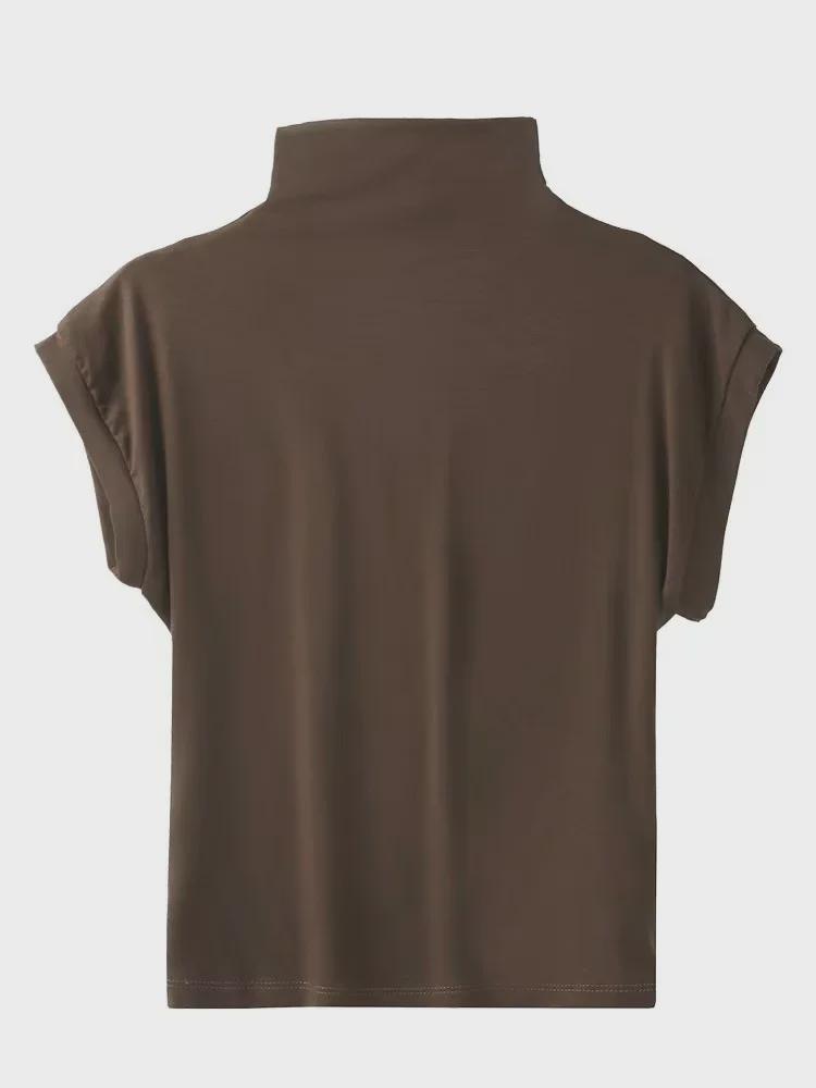 2025 Женская облегающая повседневная футболка с коротким рукавом и высоким воротником