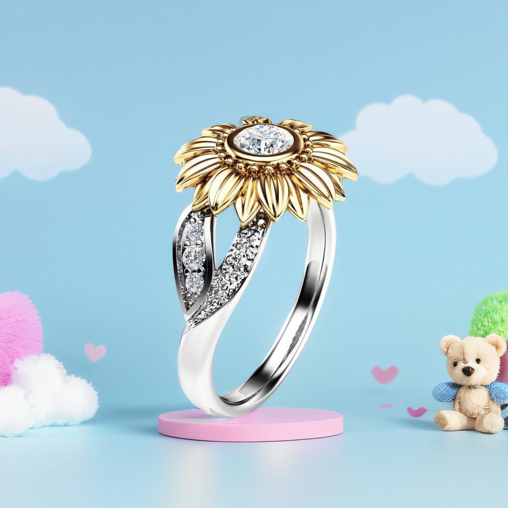 Stylish Copper Sunflower Ring With Gold Plating And Gemstone Inlay For Birthdays