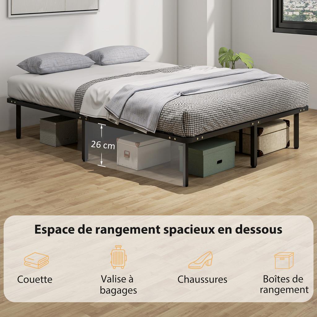 Bed Frame 140 X 190 Cm Double Bed With Solid Wood Slatted Base And Foot With Storage Underneath Black