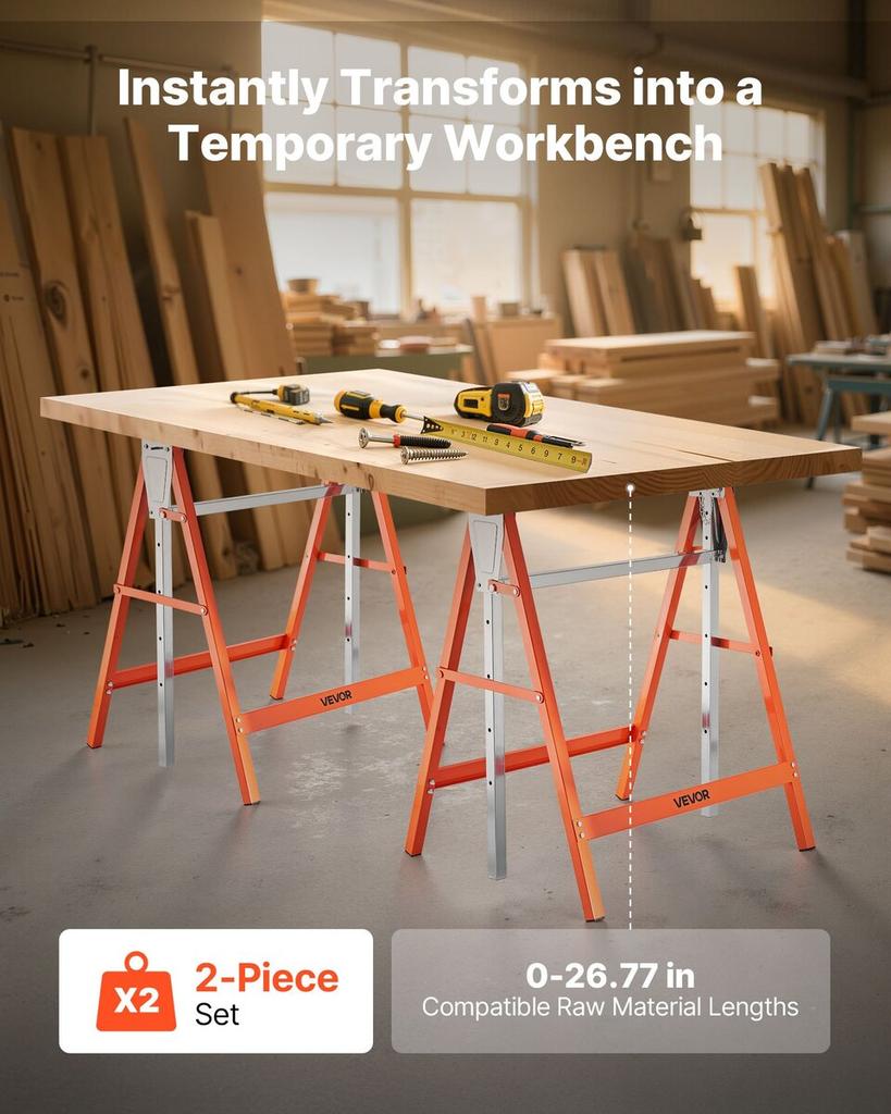 Saw Horses, 2 Pack Folding Work Horses, 199.6 kg Load Capacity Sawhorse with Heavy Duty Legs, Adjustable Height Saw Horse with Non-Slip Foot Pads, for