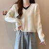Knitted Sweater Women's Autumn  Winter Versatile Slimming V-neck Long Sleeved Fake Two-piece Drawstring Sweater