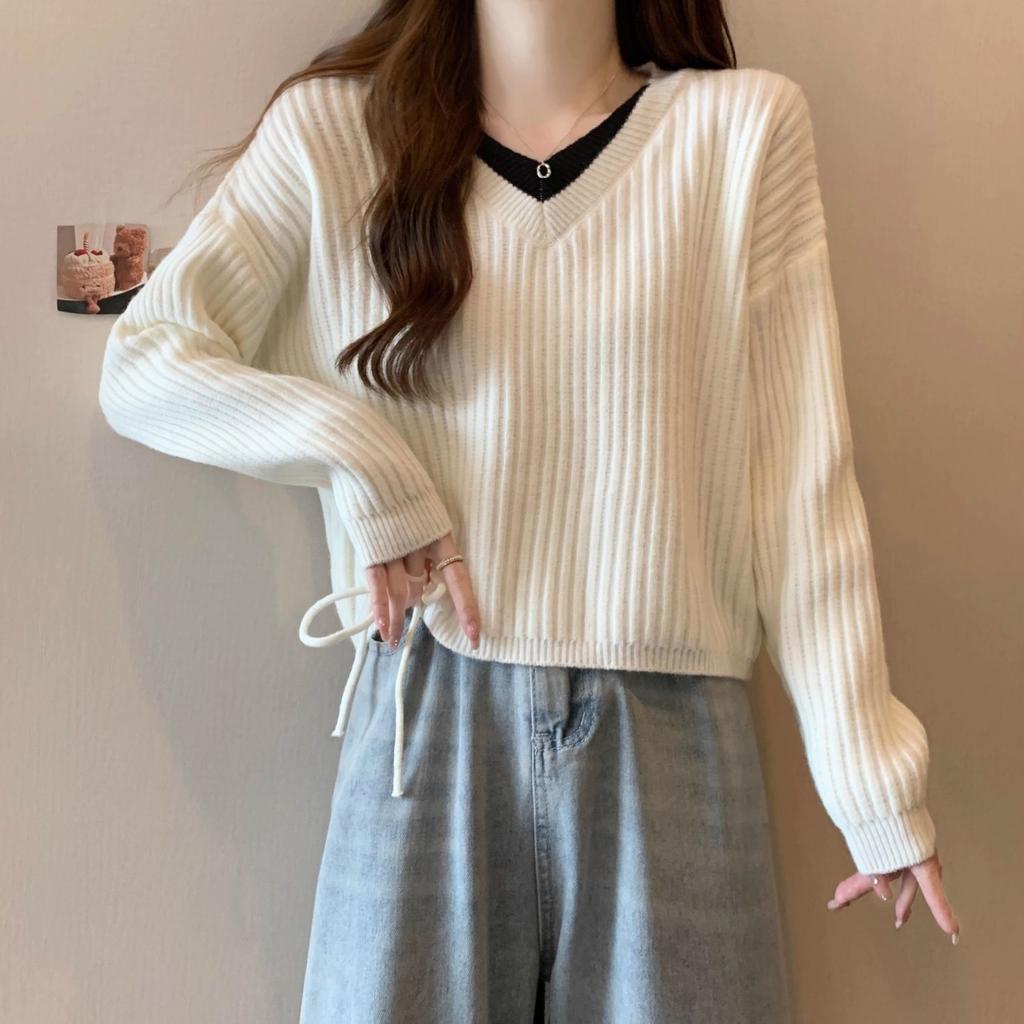 Knitted Sweater Women's Autumn Winter Versatile Slimming V-neck Long Sleeved Fake Two-piece Drawstring Sweater