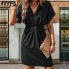 Women's Fashion Summer Spring Solid Color Print Short Sleeve V-Neck Middle Waistline Casual Dresses