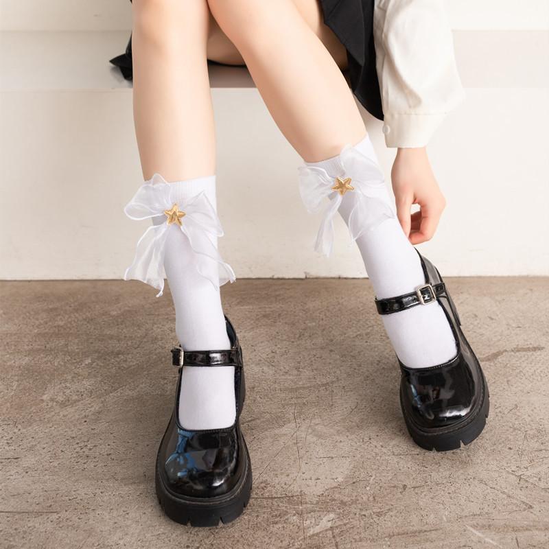 Lolita Women'S Socks Japanese Sweet Tea Girl Medium Tube Cotton Socks Soft Sister Big Bow Strawberry Socks Jk Pentagram Socks