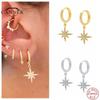 Серьги-кольца из стерлингового серебра 925 пробы с бриллиантовой восьмиугольной звездой для женщин, серьги для пирсинга, серьги с пряжкой для ушей, ювелирные изделия с подвесками
