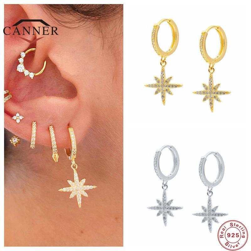 Серьги-кольца из стерлингового серебра 925 пробы с бриллиантовой восьмиугольной звездой для женщин, серьги для пирсинга, серьги с пряжкой для ушей, ювелирные изделия с подвесками