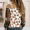 Women Plus Size Asymmetric Cold Shoulder Long Sleeve T Shirt Christmas Printed Sheer Embroidered Sleeve Top