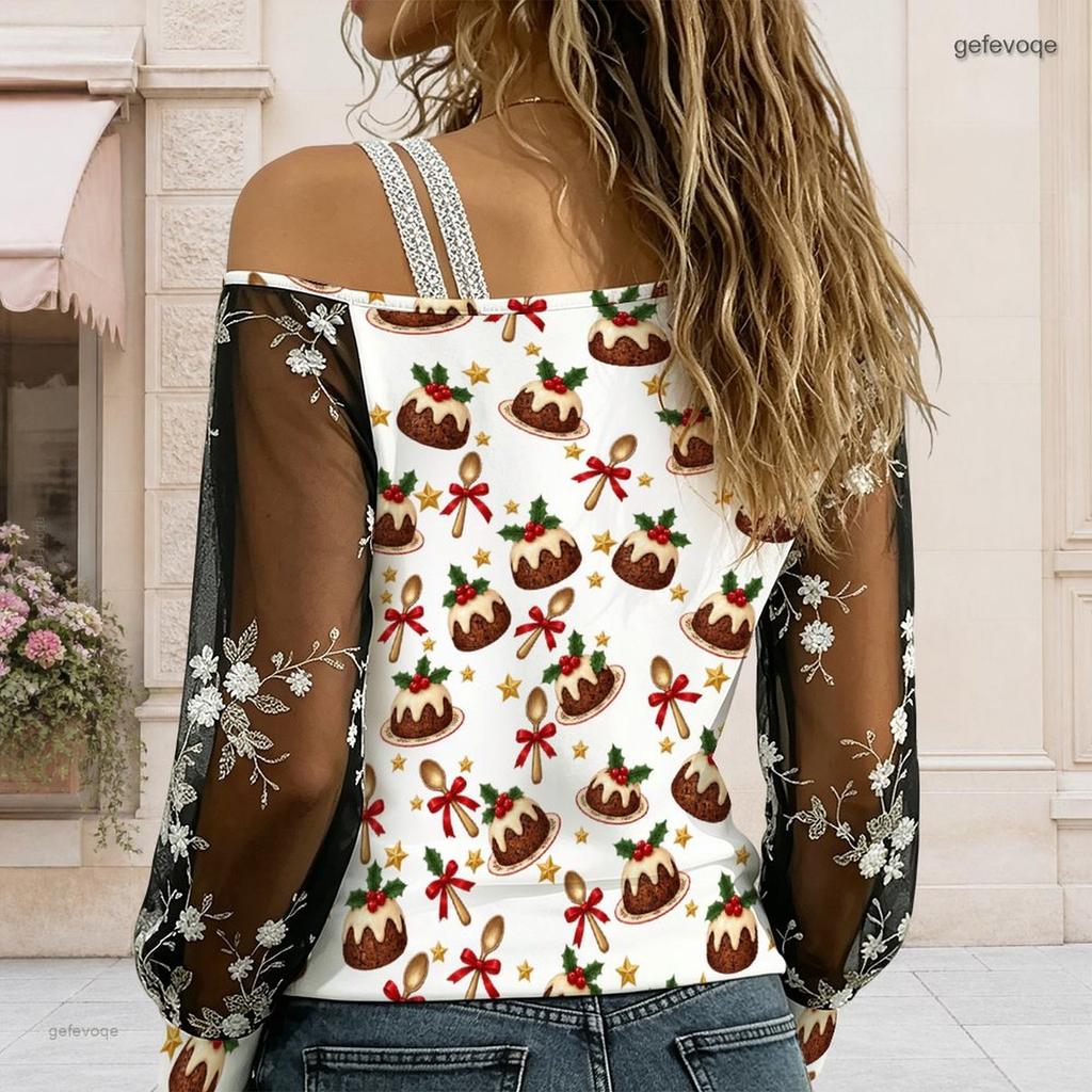 Women Plus Size Asymmetric Cold Shoulder Long Sleeve T Shirt Christmas Printed Sheer Embroidered Sleeve Top