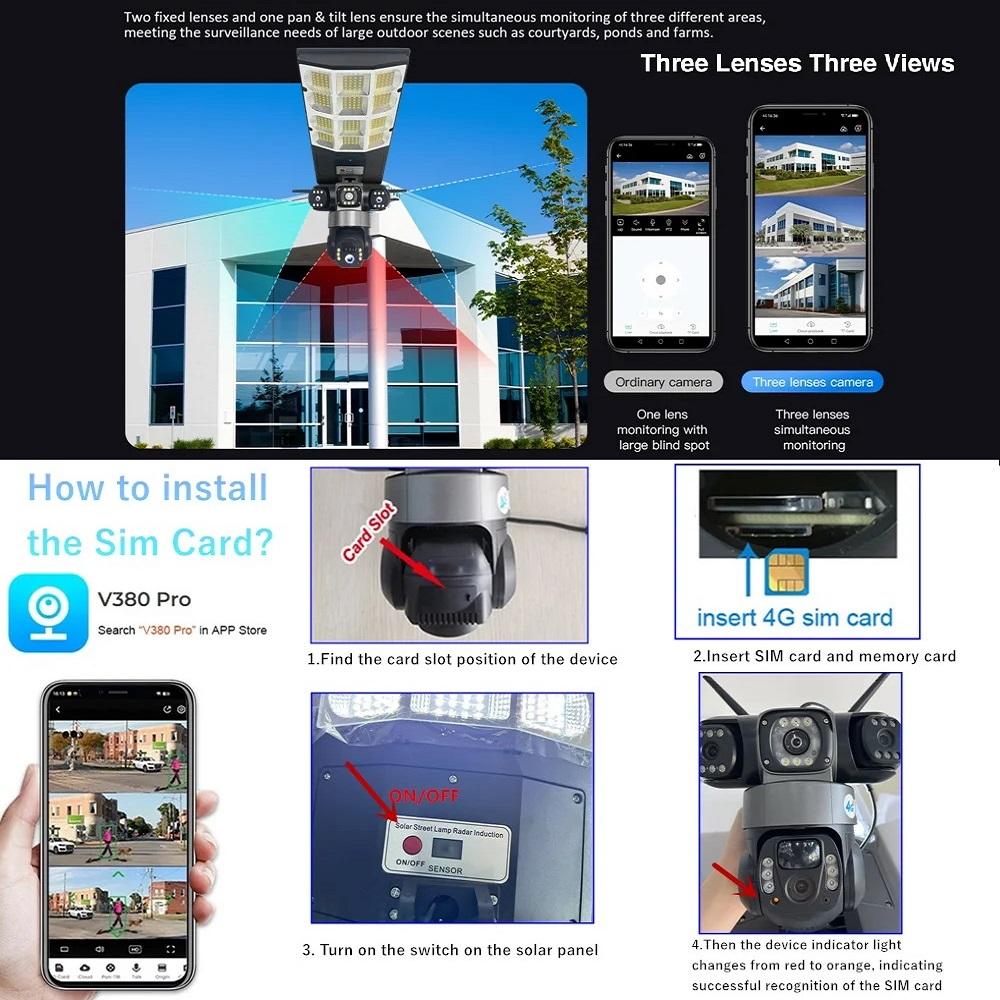 4G Солнечный Монитор Многофункциональный Низкое Энергопотребление Пульт Дистанционного Управления Уличный Фонарь WIFI Интеллектуальная Трехэкранная Камера