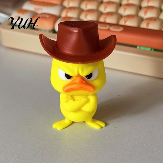 Cute Animal Sculptures Angry Duck Desk Figurine, 3D Printed Yellow Office Decoration with Cowboy Creative Birthday Gifts Hat, Little Ornament for Home