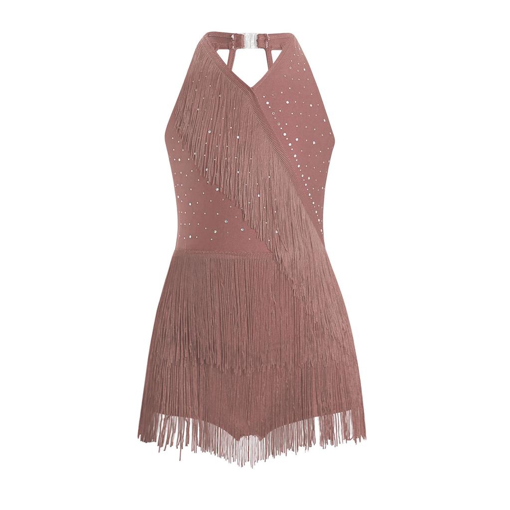 Костюм для латиноамериканских танцев для девочек, блестящие стразы, бахрома, боди, халтер, V-образный вырез, без рукавов, спинка на бретелях, кисточки, комбинезон