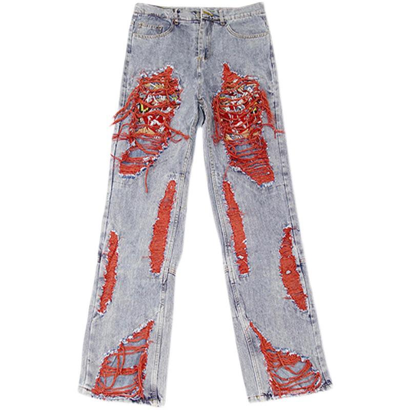 Hip-Hop Ripped Embroidered Jeans - Loose Fit, Trendy Niche Design